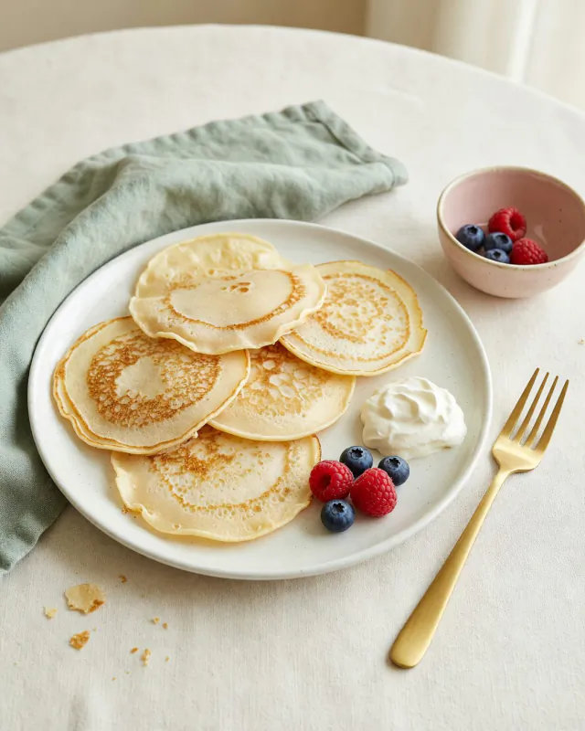 Hotcakes de queso crema servidos con berries y crema.