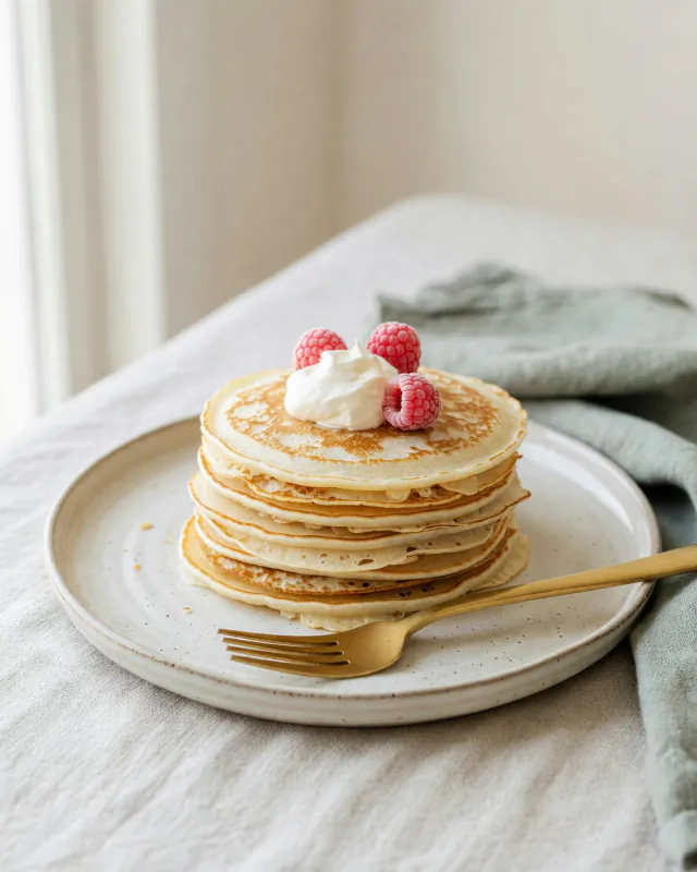 Torre de hotcakes de queso crema con frambuesas y crema.